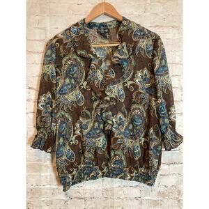 Ivy Chic Top Womens 1X Chocolate Brown Paisley Ruffle V Neck Plus Lightweight